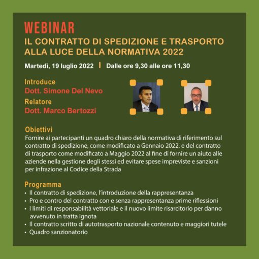 Webinar - IL CONTRATTO DI SPEDIZIONE E TRASPORTO normativa 2022