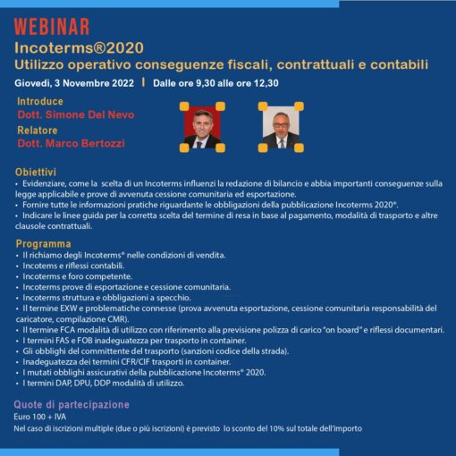 Webinar - Incoterms®2020 utilizzo operativo conseguenze fiscali, contrattuali e contabili
