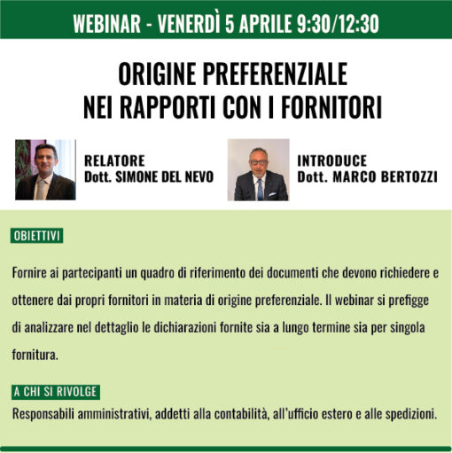 Webinar - Origine preferenziale nei rapporti con i fornitori