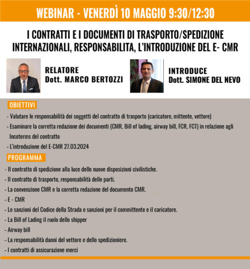 Webinar -Contratti e documenti di trasporto/spedizione internazionali, responsabilità, introduzione E-CMR
