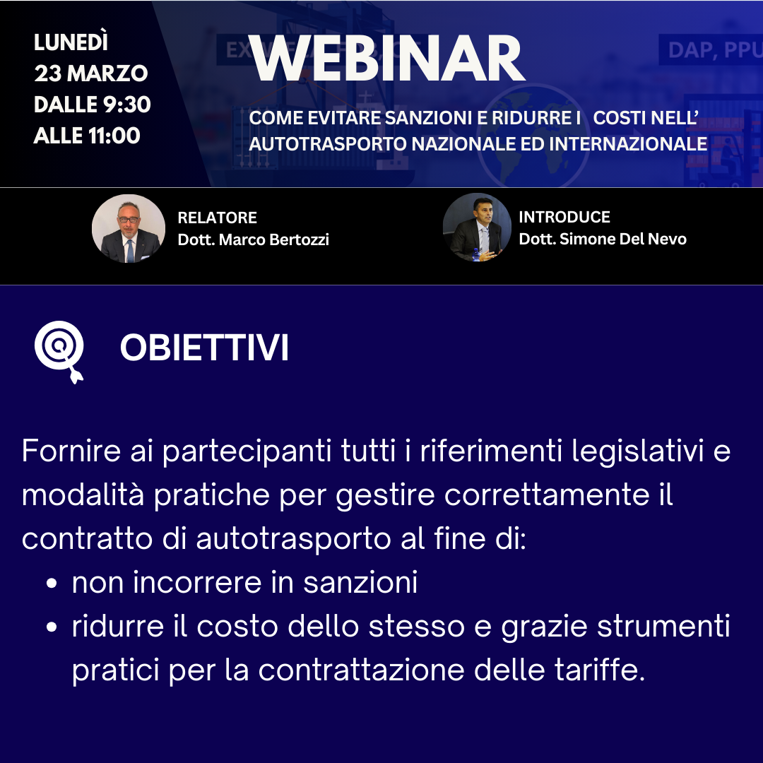 WEBINAR: Come evitare sanzioni e ridurre i costi nell’autotrasporto nazionale ed internazionale