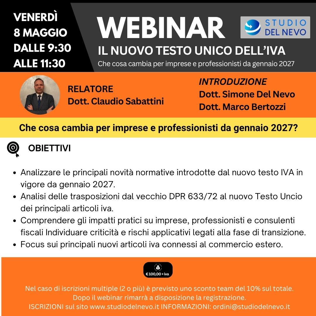 Webinar - Il nuovo testo unico dell'iva: che cosa cambia per imprese e professionisti da gennaio 2027
